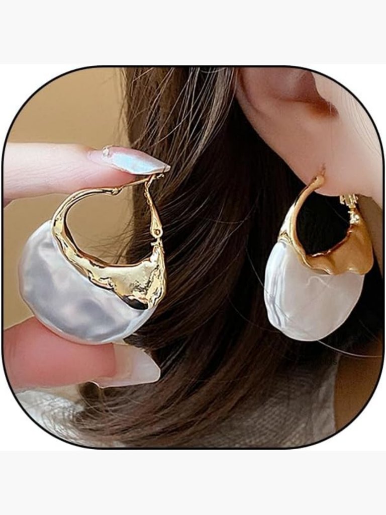 14k Gold Irregular Pearl Hoop Dangle Earrings Statement Women Gift